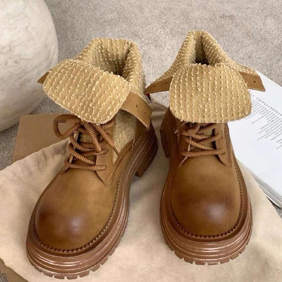 British Style Martin for Women 2024 Autumn Winter New Thick Sole Chunky Heel Height Increasing Turn-Up Two-Way Round Toe Short Boots