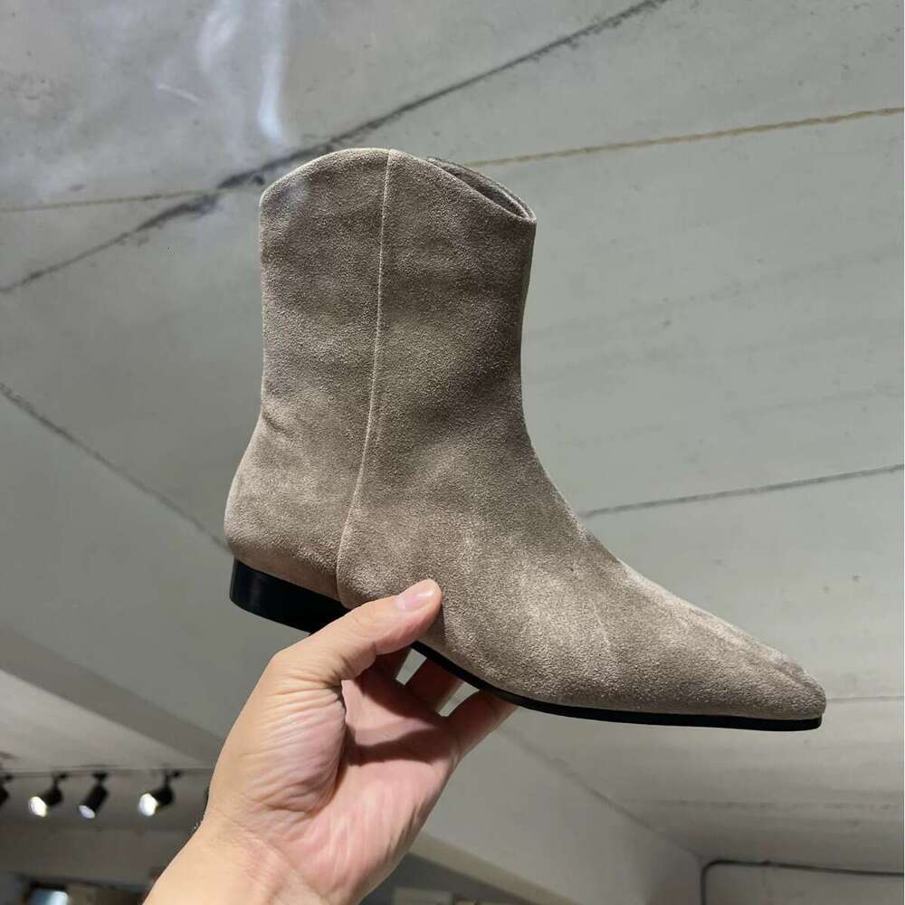 Korean Style Genuine Leather Suede Pointed Toe Chunky Heel Flat Skinny Short Western Cowboy Women's Martin Boots