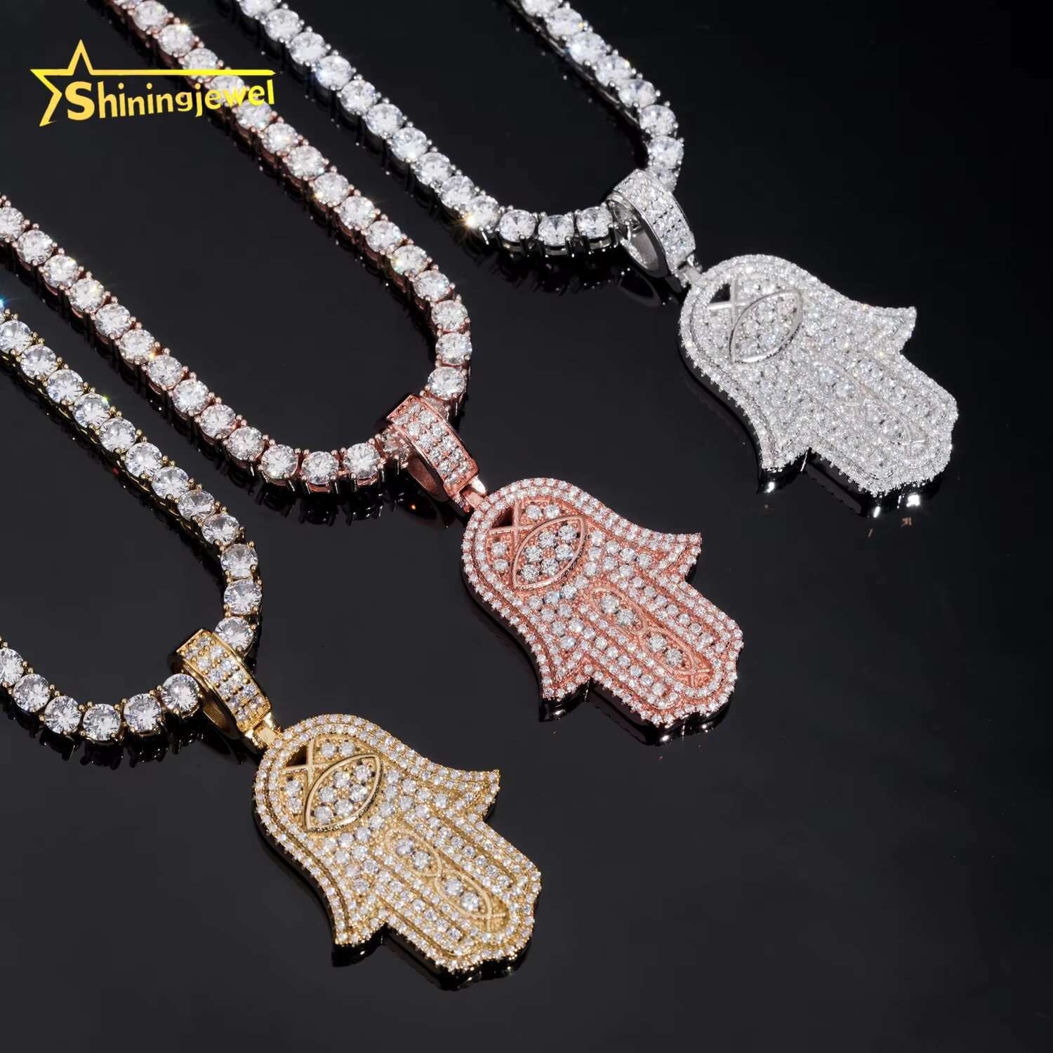 Factory Price RTS 925 Sterling Silver Gold Plating Hip Hop Jewelry VVS Diamond Necklace Moissanite Iced Out Hamsa Pendant