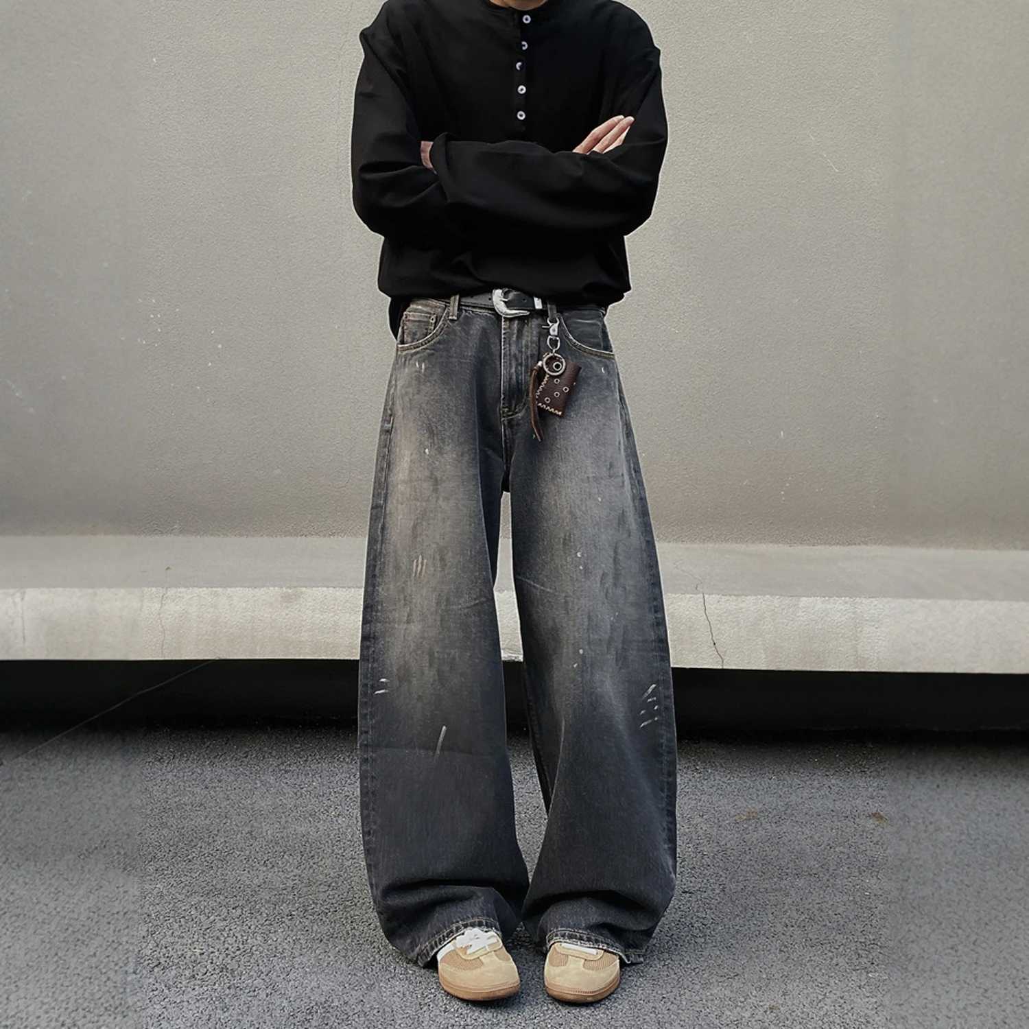 Vintage Distressed Mens Baggy Straight Jeans Fashion Korean High Strt Denim Pants Strtwear Male TrousersC250528