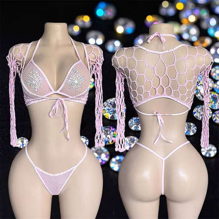 W.E.Dancewear Thongs Club Outfits For Women Sexy Rhinestone Fishnet Exotic Dancewear Stripper Outfit