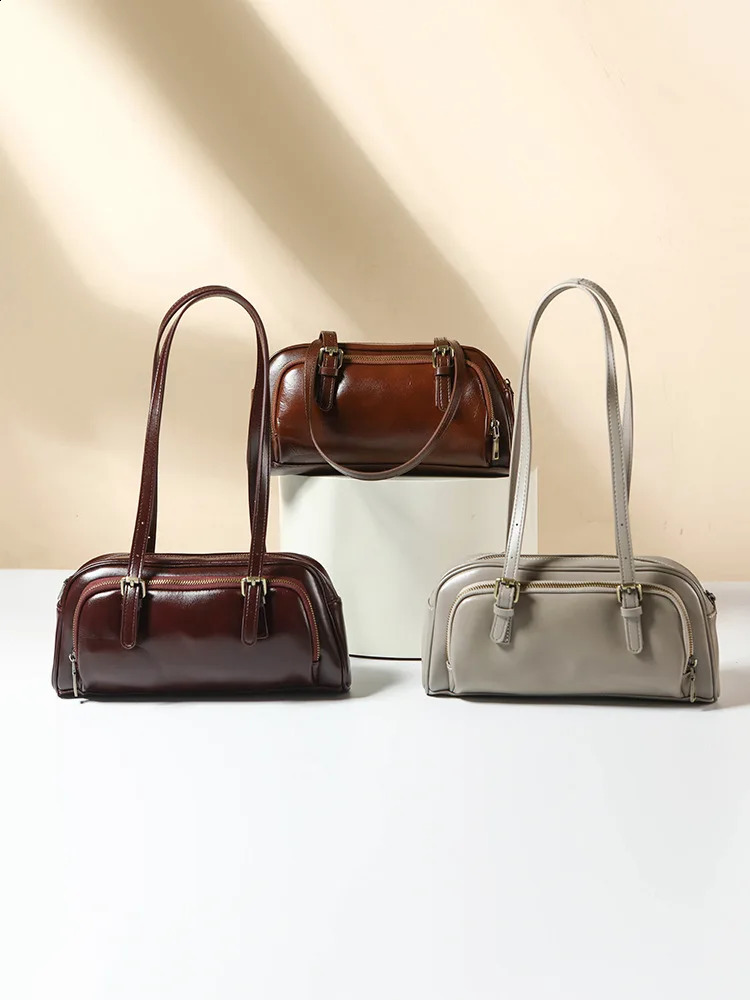 Genuine Leather Underarm retro baguette bag for women Shoulder Bag First layer cow leather handbag crossbody bowling 250528