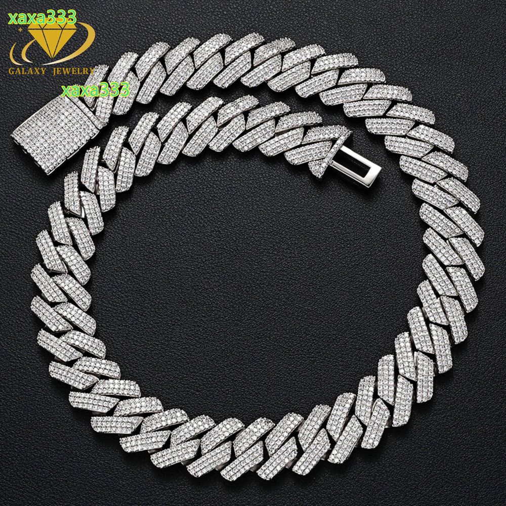 Hip Hop Moissanite Mens Jewelry 3 Rows Full Iced Out VVS Moissanite Diamonds 20mm Width 925 Solid Silver Miami Cuban Link Chain