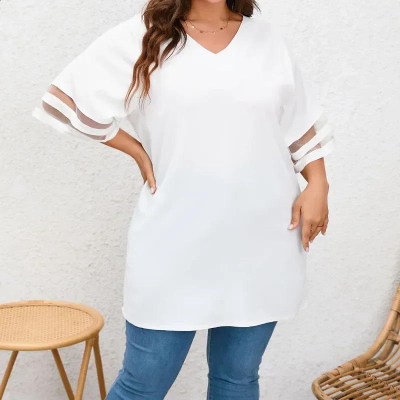 Plus Size1XL5XL Women Summer Loose VNeck Ladies Mesh Stitching 34 Sleeve Casual Holiday Blouse Tunic Shirts Tops 250519