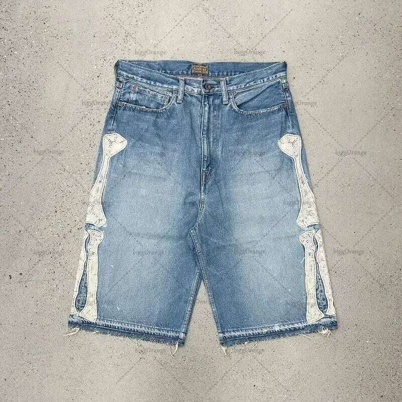 Summer retro skeleton denim sports casual shorts new couple wearing street pants Europe and America