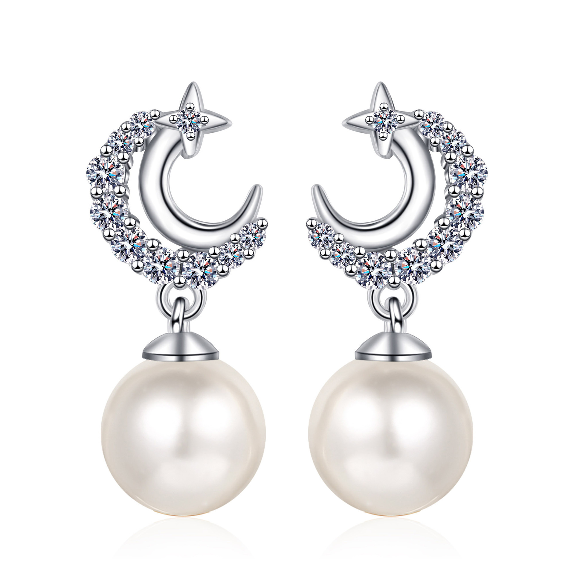 Moissanite S925 Silver Pearl Stud Earrings for Women, Fresh and Cute Star Moon Design, Sweet Fashionable Earrings with Elegant Charm