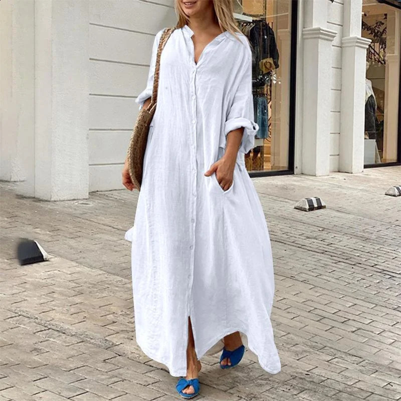 Women Cotton Linen Comfortable Dresses Casual Solid Color Large Size Loose Dress Female Single-breasted Cardigan Gown 4 250517