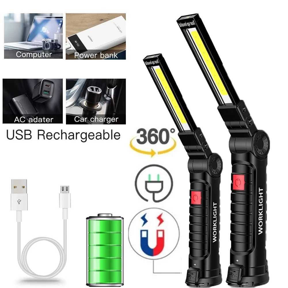 USB Flashlight Rechargeable Torch Tool Gifts for Men LED Work Light with Magnetic Base 5 Modes For Home Outdoor Camping XJ250529