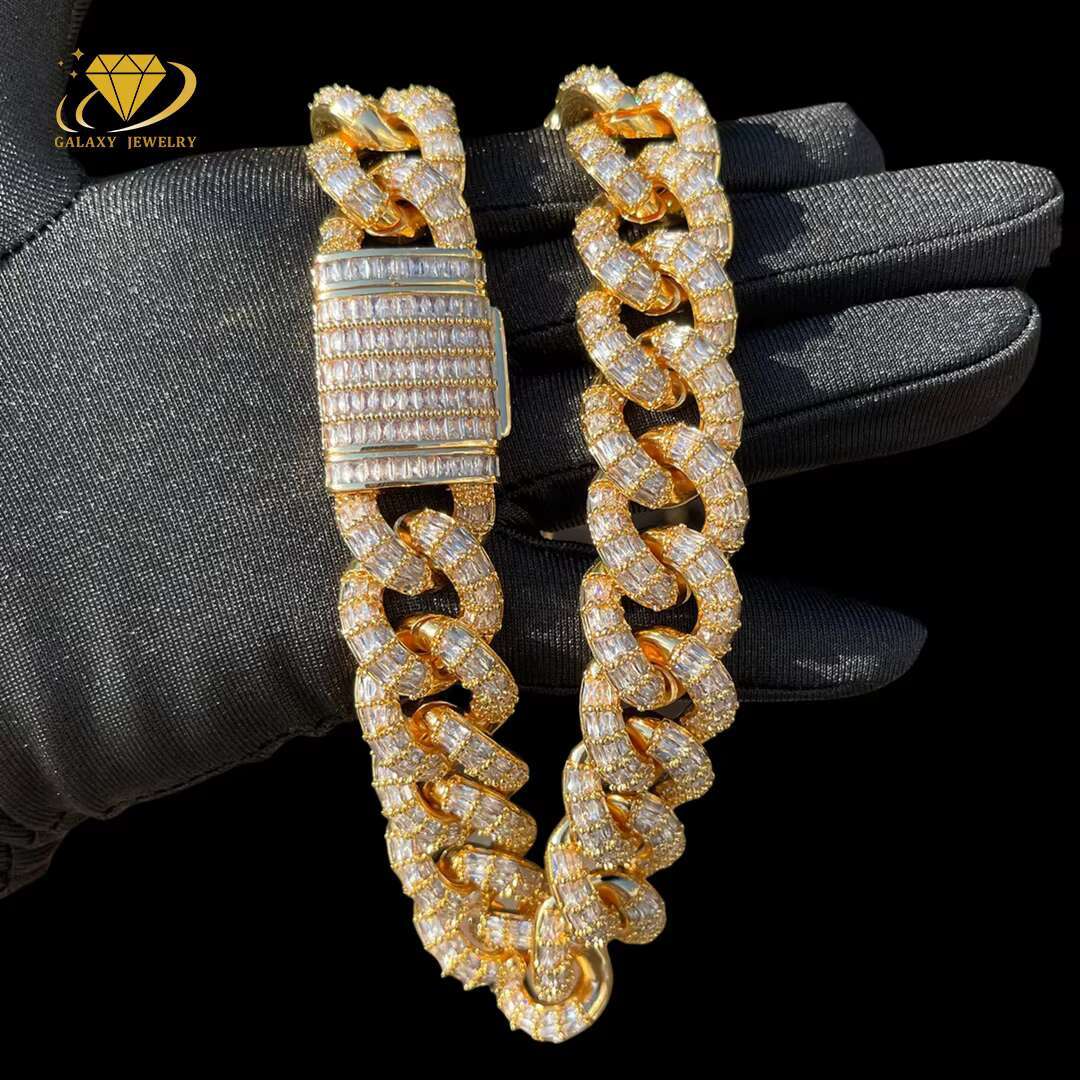 Trendy Mens Jewelry Miami Heavy Cuban Link Chain 20mm Bling Iced Out Moissanite Baguette Diamond Cuban Bracelet Necklace