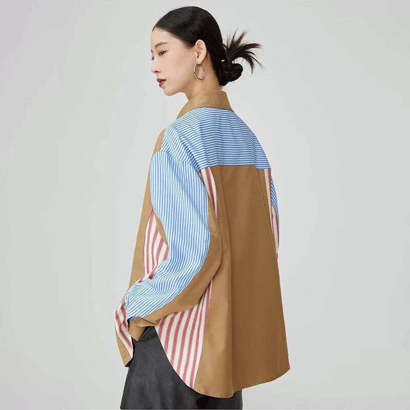 Women's Wear DEAT Fashion Irregular Contrast Color Striped Shirt Women's Lapel Loose Single Braested Long Sleeve Blouse New Tide 7Ab8930