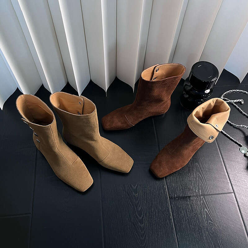 Niche Suede Square Toe Western Cowboy for Women, Autumn and Winter Thick Heel Turn-down Collar Two-way Martin Short Boots