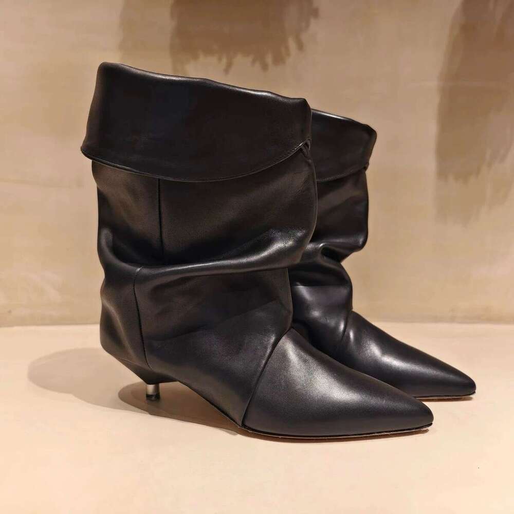 Korean Style Niche Design Pleated Slouch Pointed Toe Western Cowboy for Women 2024 New Autumn Winter Kitten Heel Ankle Boots
