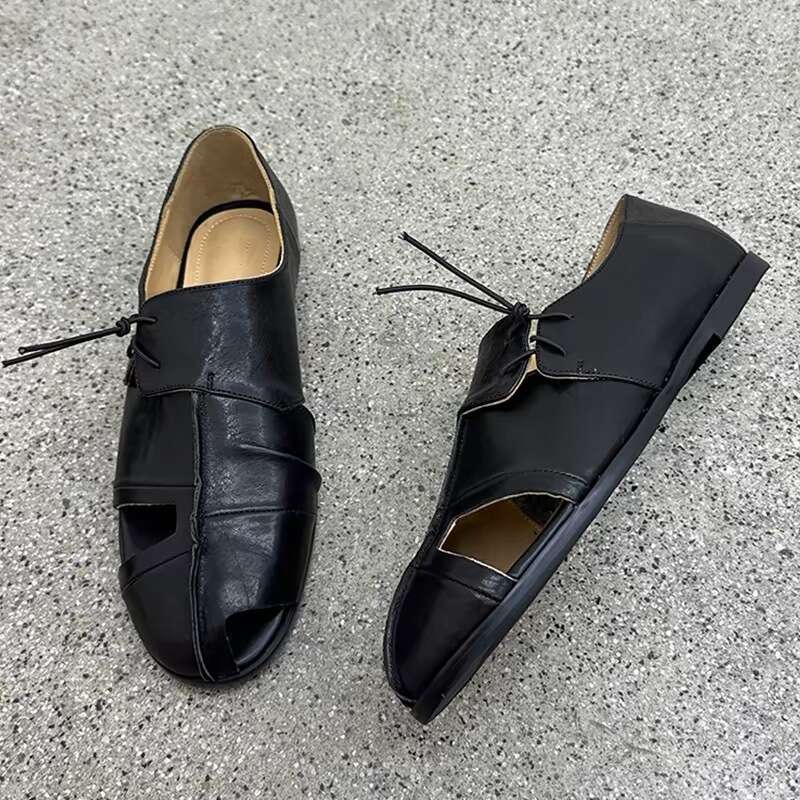 Genuine Leather Niche Design Round Toe Flat Deep Mouth Hollow Out Loafers Women Spring Autumn New Single Shoes