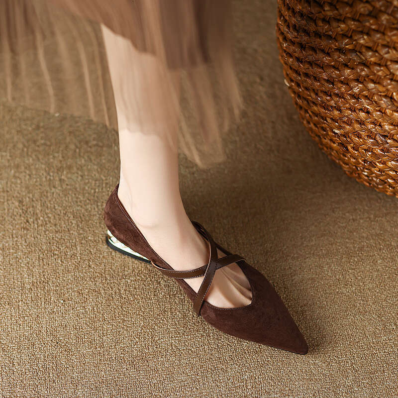 Chengdu Style ~ Pointed Toe Cross Strap Mary Jane Women's Spring Summer Genuine Leather Suede Shallow Mouth Single Shoes