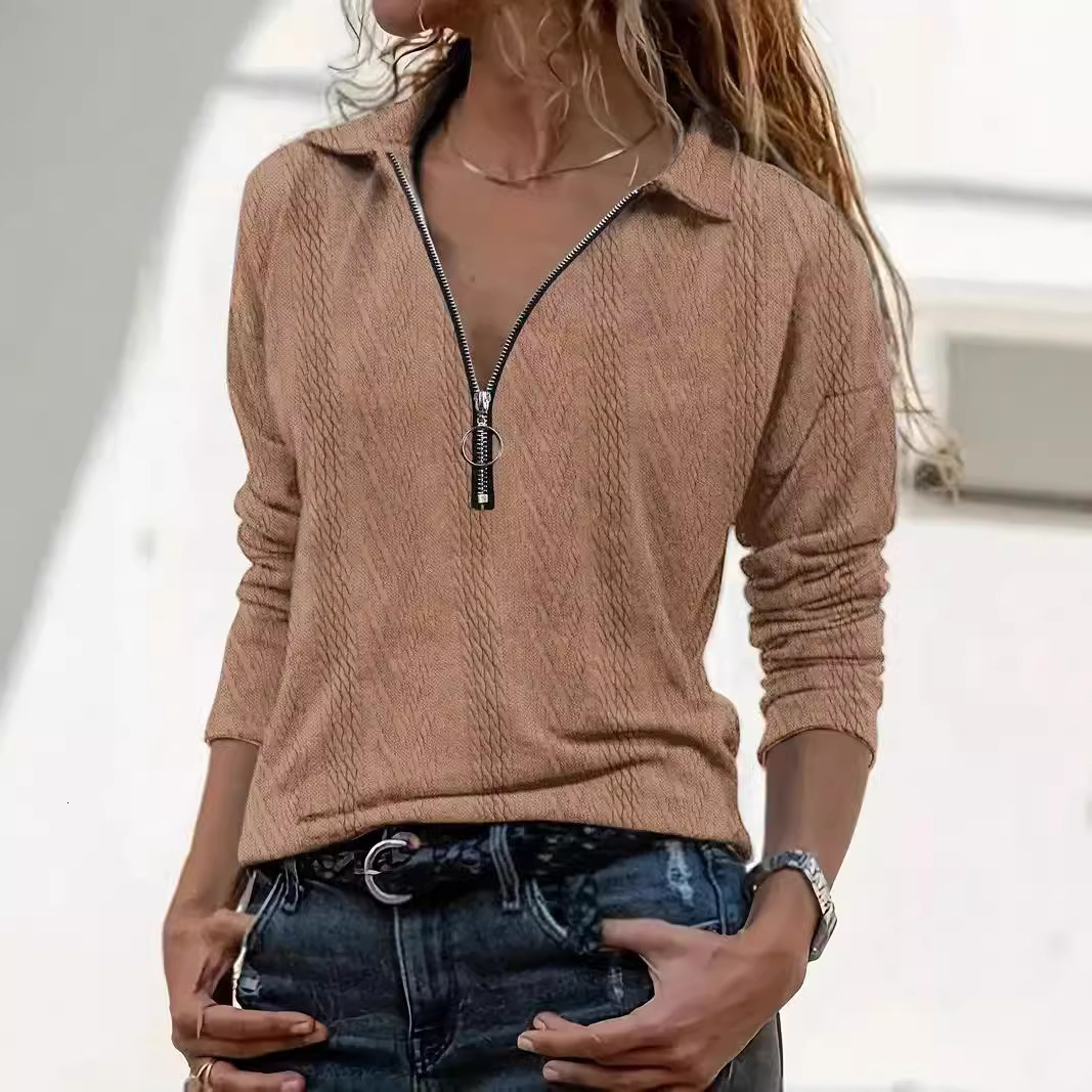 Designer Clothing Zipper Collar New Women's Polo Shirt Top Solid Color Texture Long Sleeved 2025 New Fashion Shirt Designer