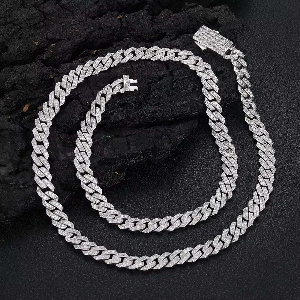 Nuoya 925 Silver Jewelry 8mm Prong Cuban Link Chain Iced Out Pass Diamond Tester VVS Moissanite 925 Sterling Silver Necklace