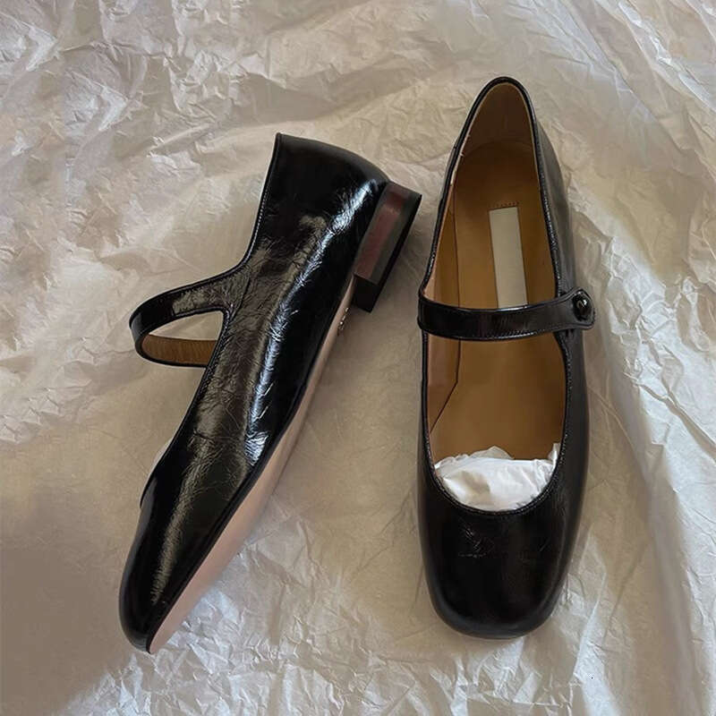 Genuine Leather French Style One-Strap Flat Casual Mary Jane Women's Square Toe Shallow Mouth Versatile Single Shoes Spring and Autumn New Model