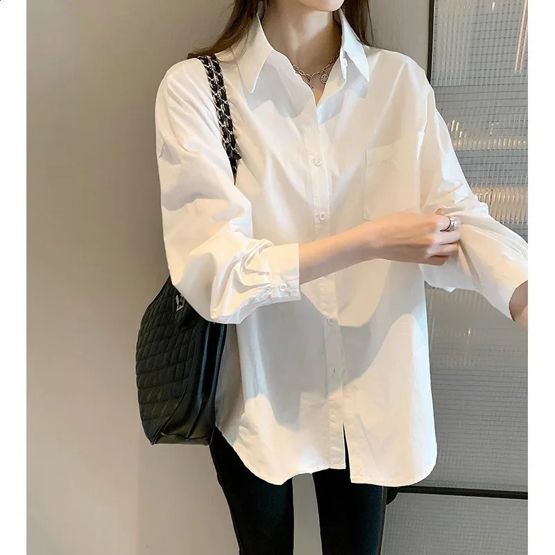 White Blouse Ladies 2023 Autumns Koreanstyle Longsleeved Casual Office Lady Shirt Loose Women Clothes Top Simple Shirts 250529Z