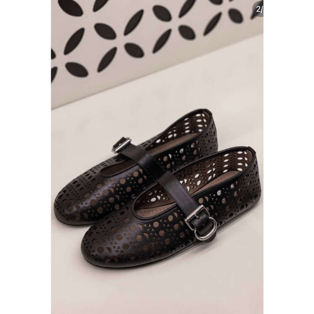 Genuine Leather Niche Carved Hollow Shallow Mouth Little Red One-Strap Mary Jane Single Women Summer Autumn Ballet Flat Shoes