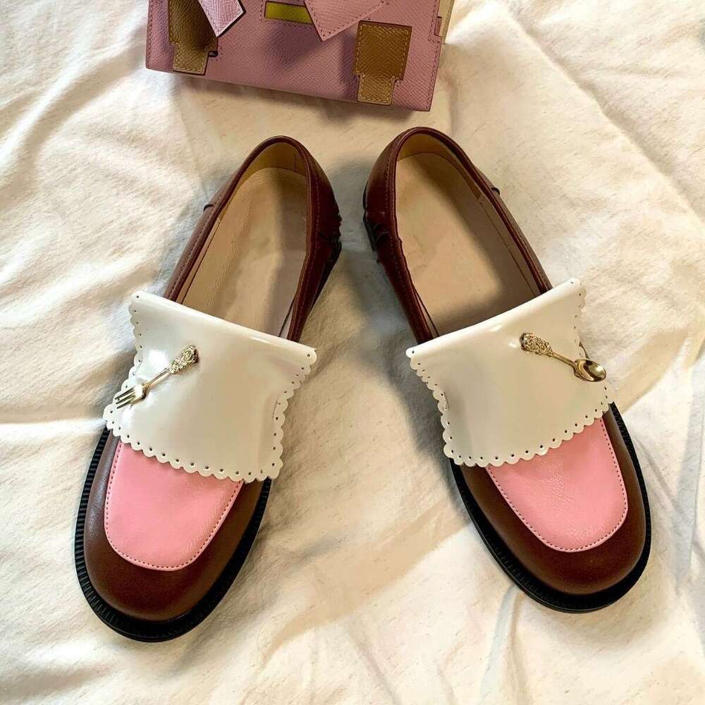 Genuine Gentle Style Niche Color Block Thick Sole Chunky Heel Round Toe Loafers for Women Spring and Autumn New Small Leather Deep Mouth Single Shoes