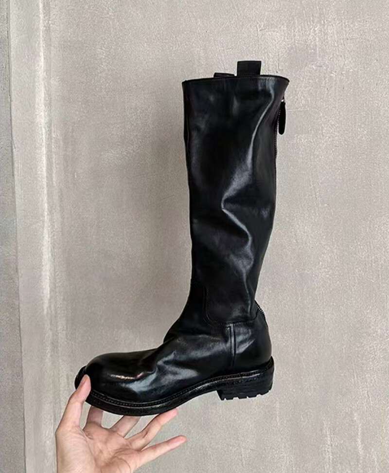 Grape Mom Same Style Washed Long Knight Autumn Winter Chunky Heel Round Toe Mid-High Women Boots