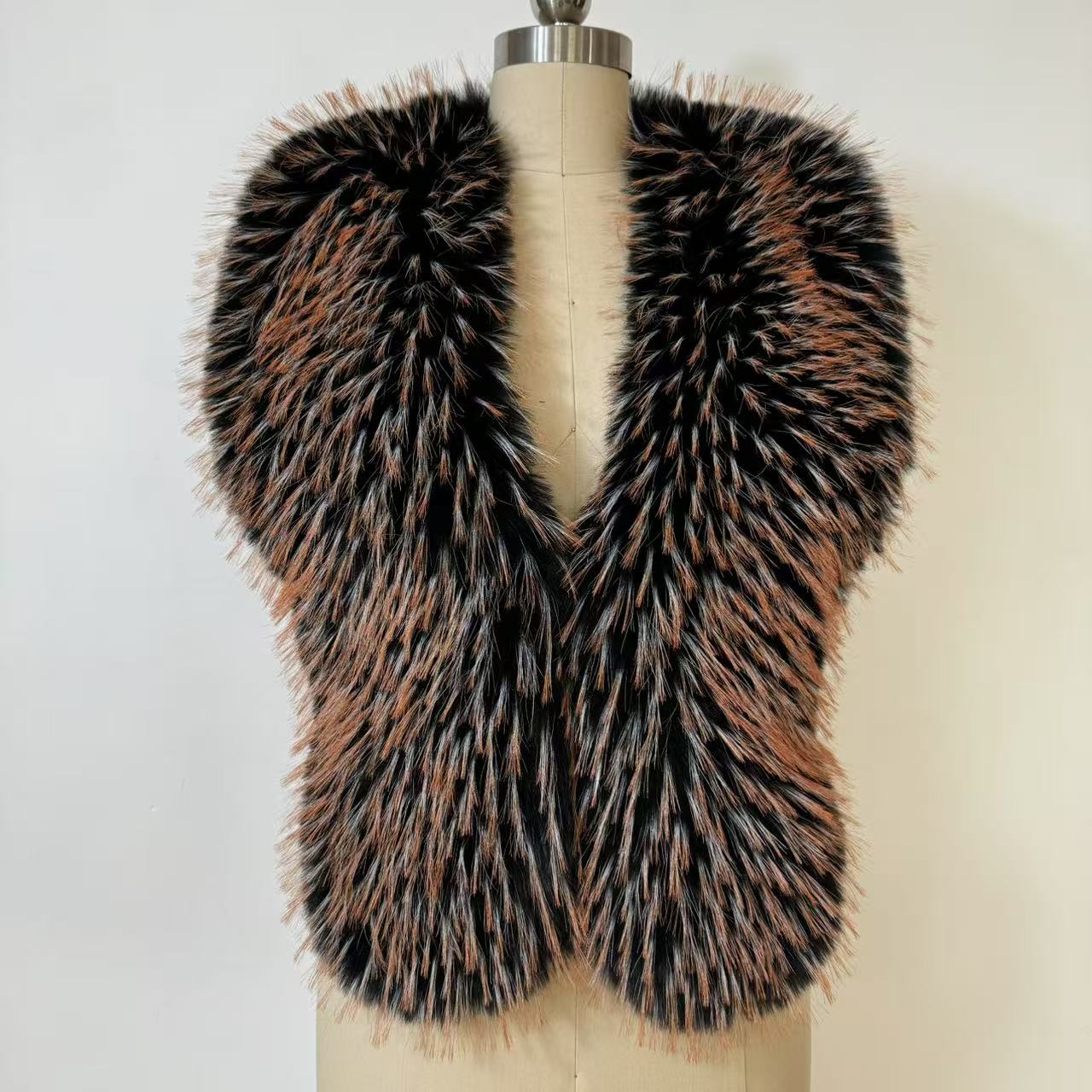 Fluffy Luxury Faux Raccoon Fur Halter Vests Women Solid Deep V-Neck Backless Bandage Sleeveless Jackets Top Outerwear Coat