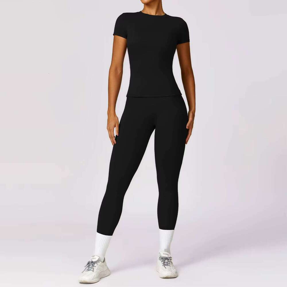 2025 Women's Round Neck Short Sleeve Slim Fit Running T Shirt High Waist Fitness Compression Quick Dry 2 Piece Set