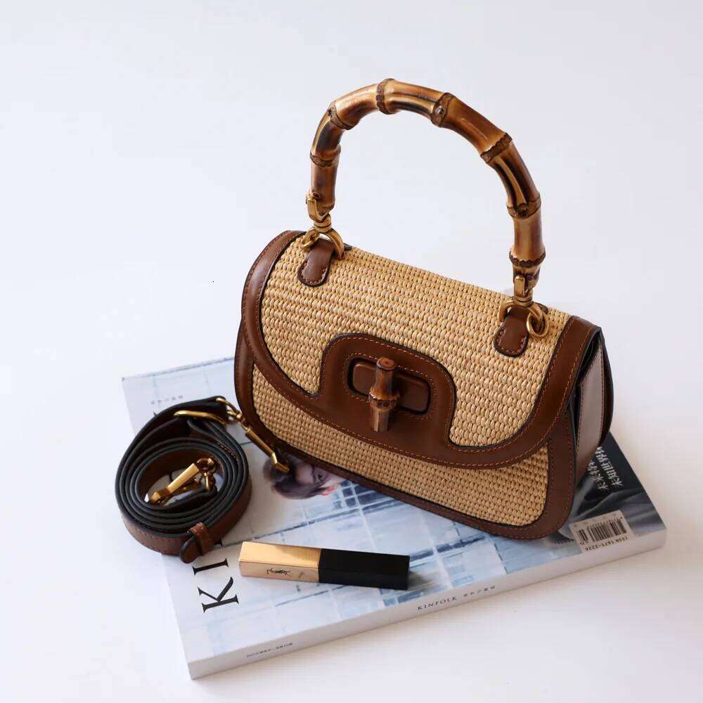 Genuine Leather Handbags for Women, Ladies Designer Handle Bags, Brandy Natural Bamboo Hand Bag, High Quality