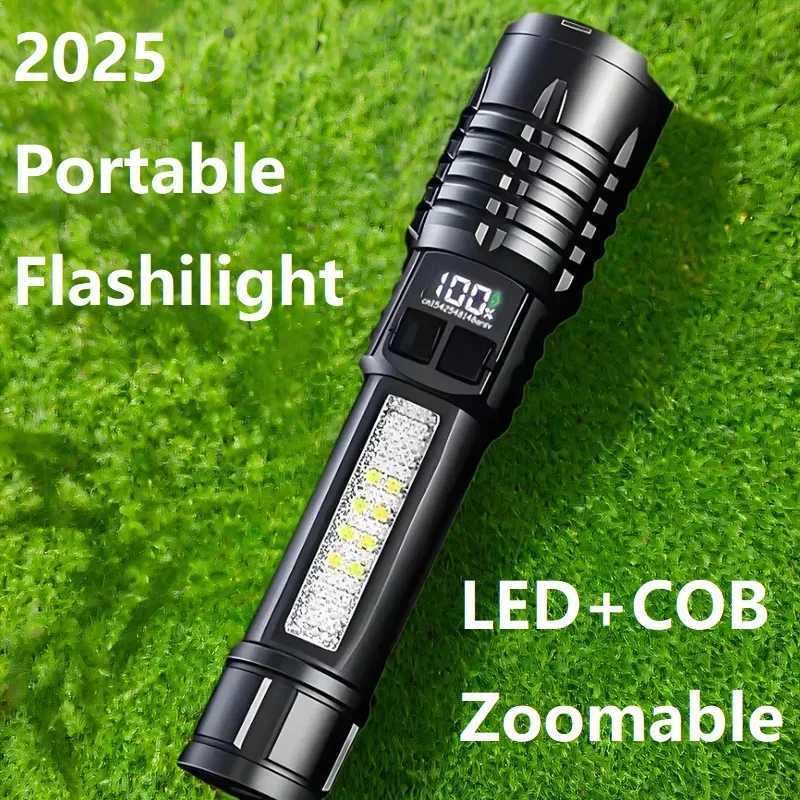 High Power LED Flashlight With Side Light Super Bright USB Rechargeable Zoomable Tactical Torch Waterproof Outdoor Camping Lamps XJ250529