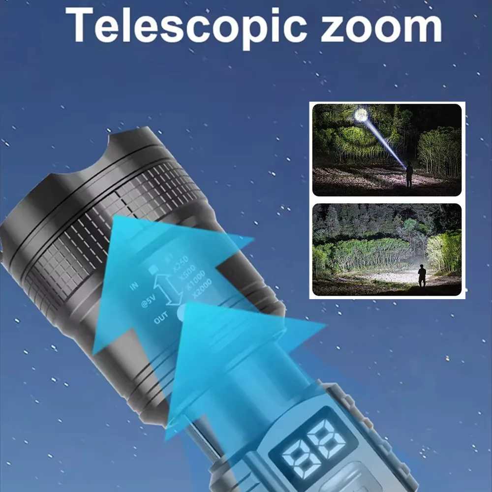 Powerful Long Range LED Flashlight Tactical Light Power Display USB Rechargeable Light Telescopic Zoom Torch Camping Lantern XJ250529