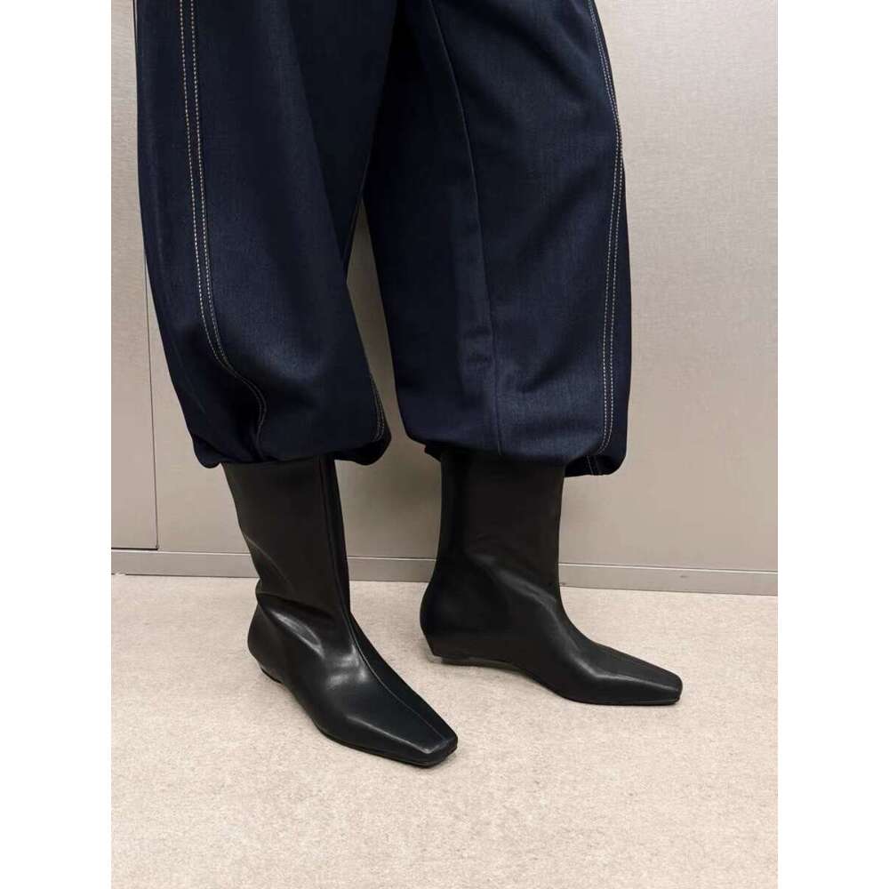 Genuine Leather Korean Style Square Toe Flat Mid-Calf Short for Women 2024 Autumn Winter New Versatile Western Cowboy Boots