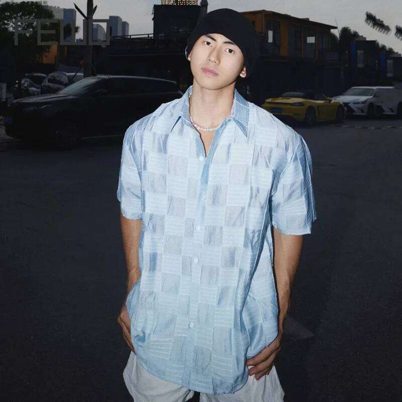 Women's Wear FEWQ Plaid Design Men's Shirt Turn-Down Collar Solid Color Single Breasted Casual Menswear Loose Short Sleeved Male Tops 3456