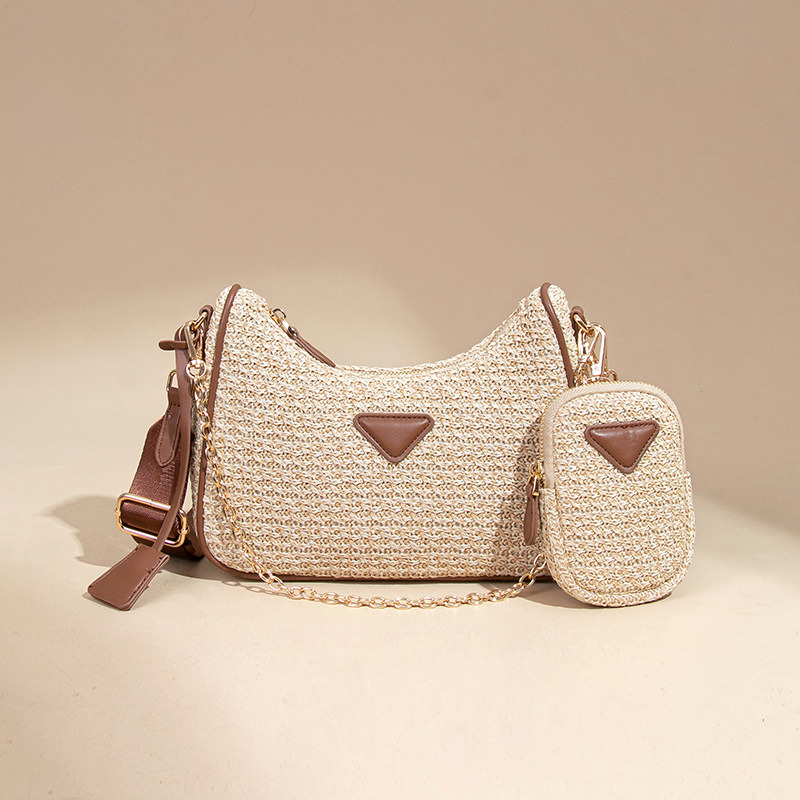 Minimalist Fresh Style Crossbody Beach Raffia Two-Piece Set Single Shoulder Underarm Fashion Niche Woven Crescent Bag