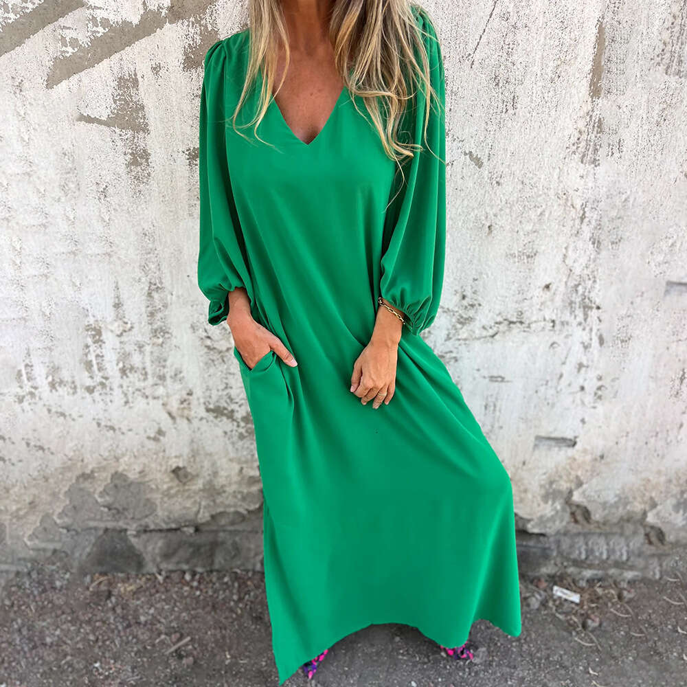 Spring And Autumn Casual Loose V-Neck Solid Color Women's Lantern Sleeve Dress Multiple Colors B5