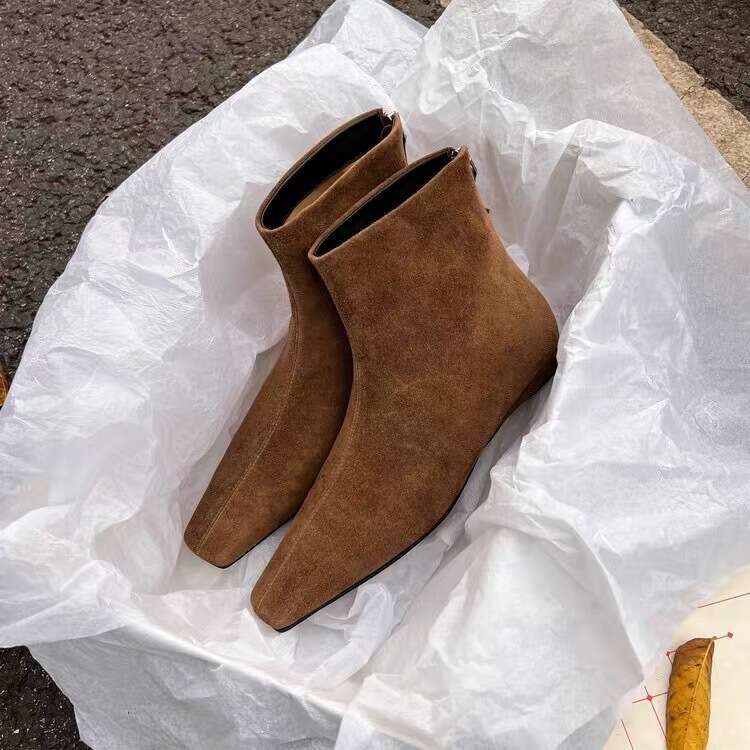 Genuine Leather Matte Korean Style Slim for Women 2024 New Autumn Winter Back Zipper Flat Small Square Toe Short Boots