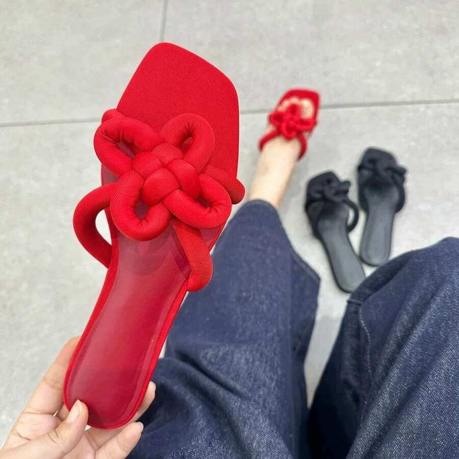 Genuine Leather Style Red Chinese Knot Flat Casual One-Word Slippers for Women Outdoor 2025 New Square Toe Sandals