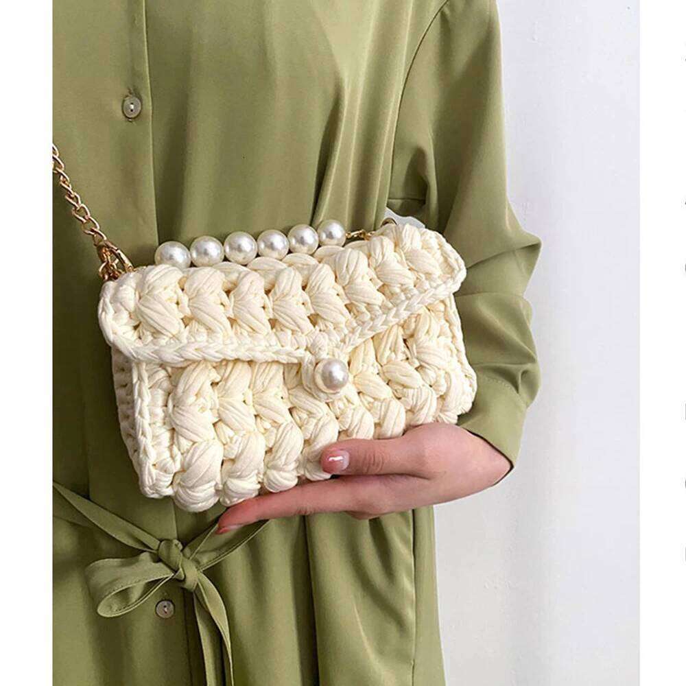 Women's Bags Designer Handmade Rope Crochet Women's Shoulder Designer Knitting Crossbody Bags For Women Handbags Pearls Chains Sling Bag Tot