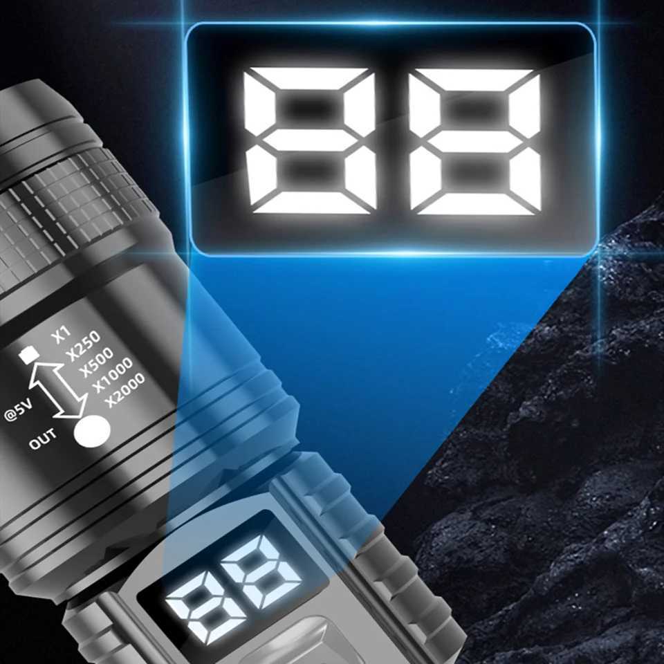 Powerful Long Range LED Flashlight Tactical Light Power Display USB Rechargeable Light Telescopic Zoom Torch Camping Lantern XJ250529
