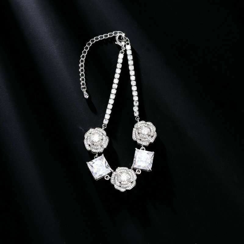 High-end Zircon Camellia Necklace Light Accessories Clavicle Chain Bracelet Earrings Dress Matching Elegant Jewelry Set