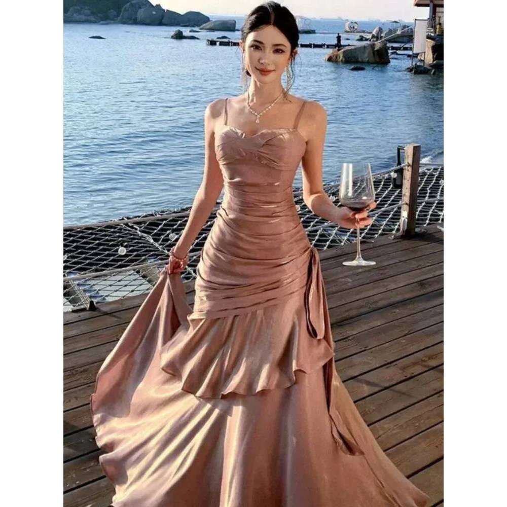 Women Elegant Graduation Birthday Evening Party Dress Ruffles Spaghetti Strap Mermaid Dresses Wedding Formal Slim Fit Prom