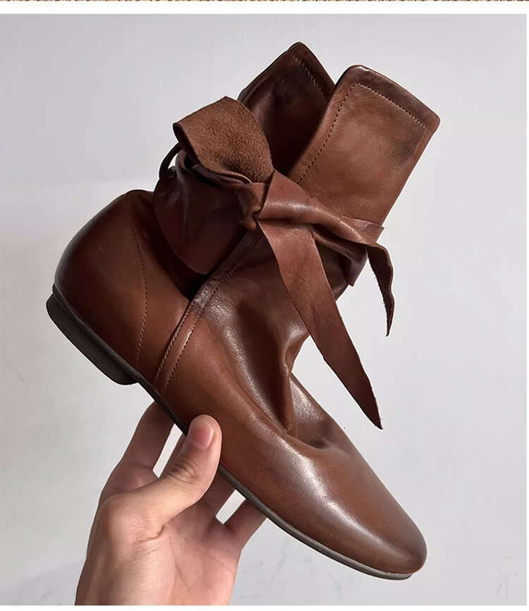 Genuine Leather Niche Dyed British Style Martin for Women, Autumn Winter Chelsea Ankle with Bowknot, Flat Pleated Slouch Boots