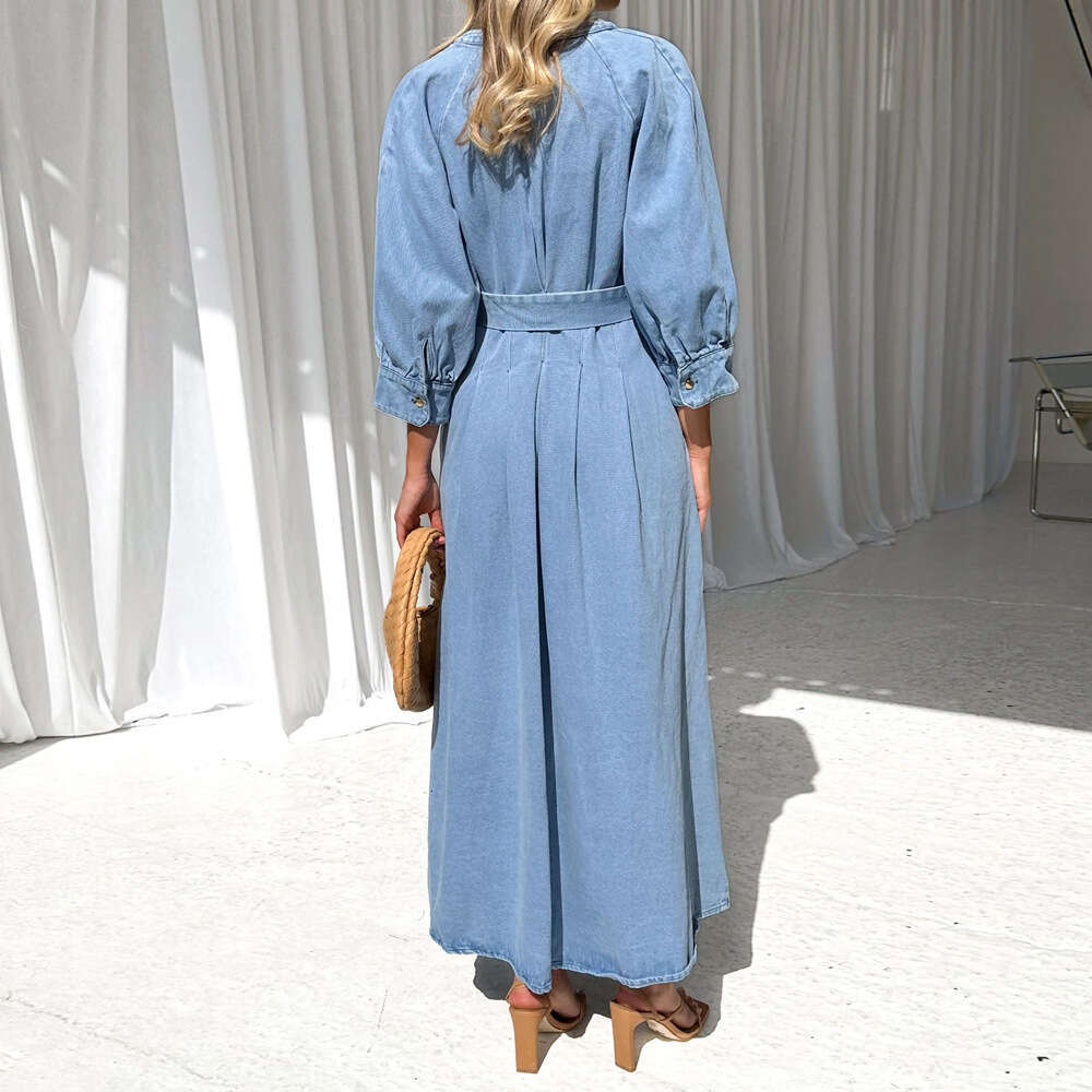 Autumn Winter New V-Neck Tie Waist Casual Button Denim Long Dress B5