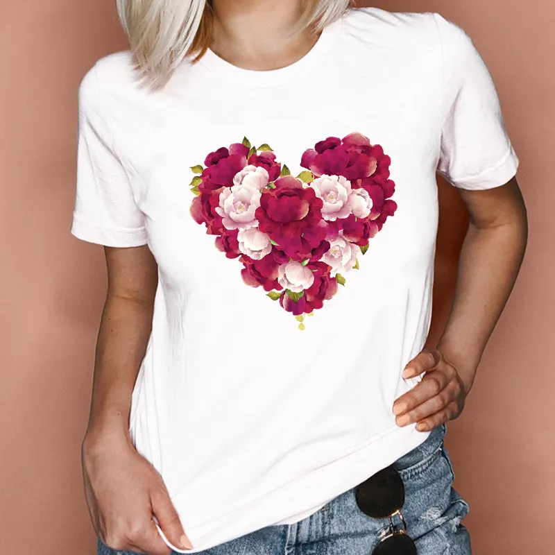 Large Short Sleeve T-shirt Summer Women's Flower Pattern Cartoon Heart Top Personalized Customization Pattern Heart Pattern Printed Cotton Clothi