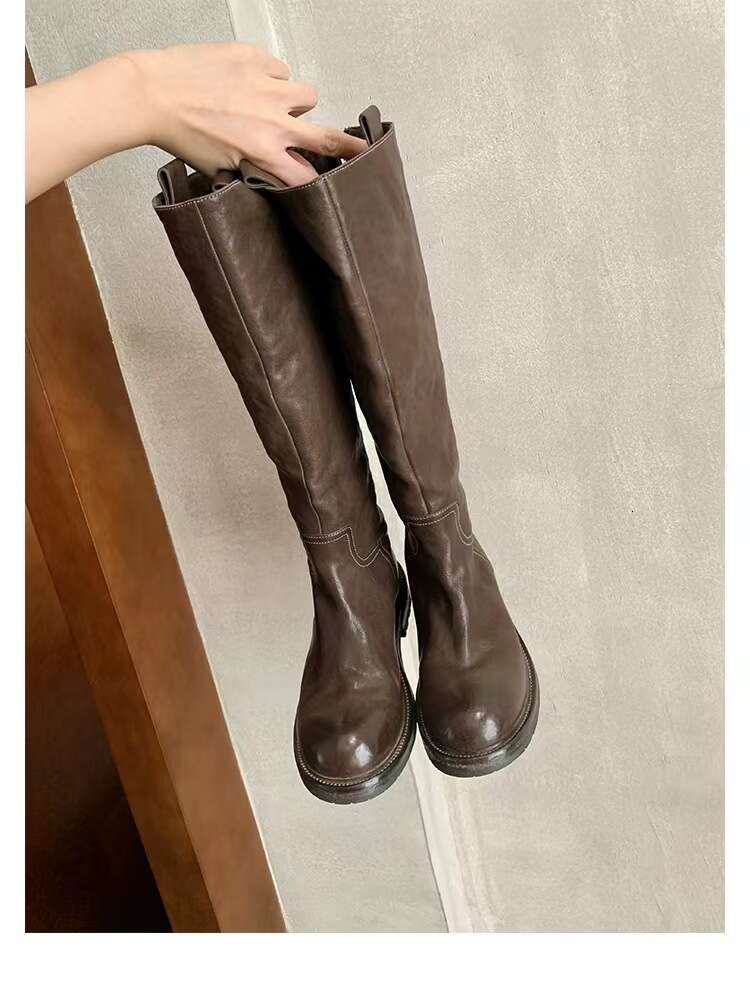 Grape Mom Same Style Washed Long Knight Autumn Winter Chunky Heel Round Toe Mid-High Women Boots