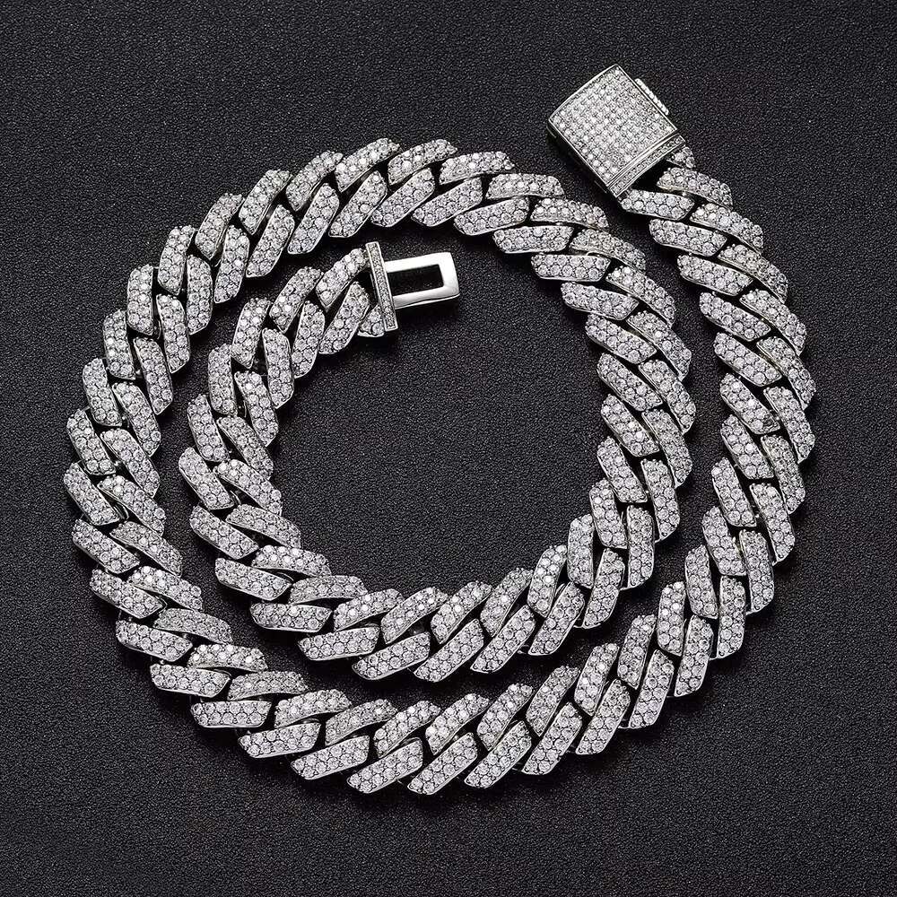 NUOYA 10/15MM Two Rows VVS Moissanite Iced Out Diamond Chain 925 Sterling Silver Necklace Miami Cuban Link Chain for Men