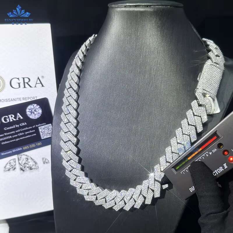 Hip Hop Jewelry 925 Sterling Silver Jewelry Cuban Moissanite Chain 15mm VVS Moissanite Cuban Chain Necklace for Men Women