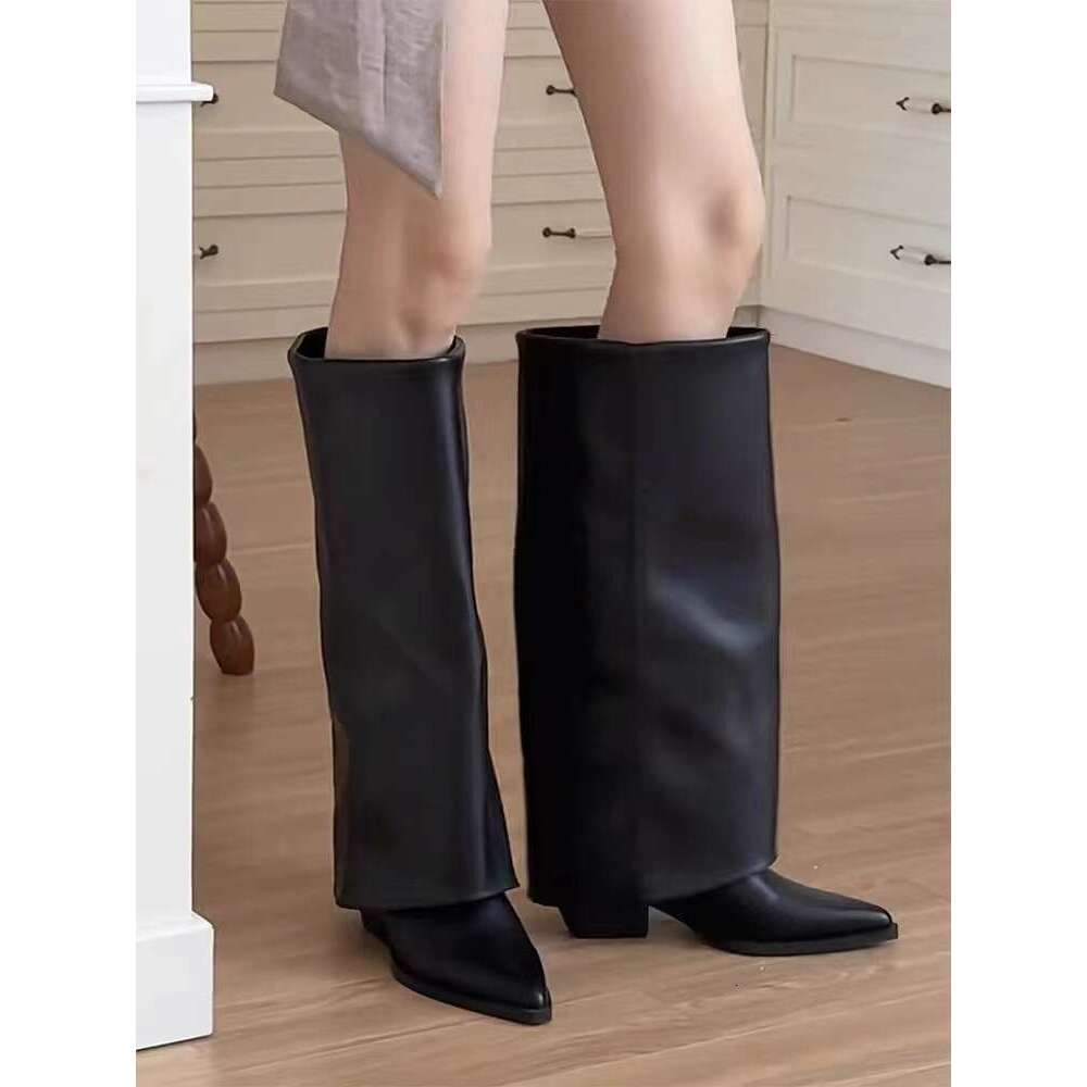 Genuine Leather Pointed Toe Chunky Heel for Women 2024 New Autumn Winter Riding Western Cowboy High Tube Long Boots