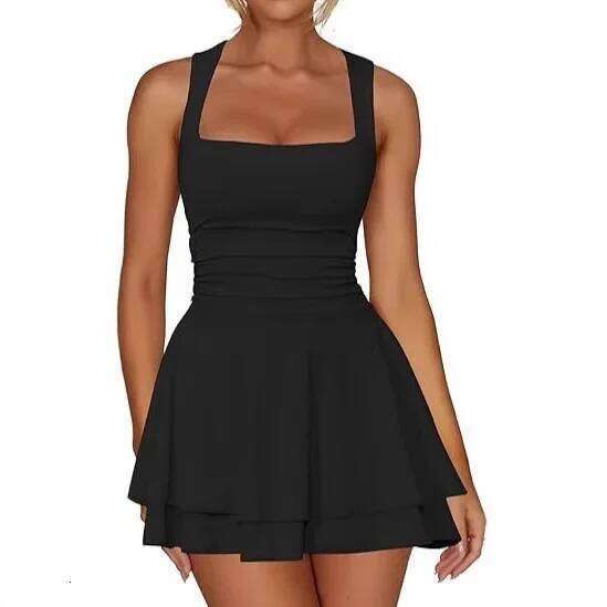 Spring Summer New Square Collar Chest Strap Short Skirt Waist In Mini Party Sleeveless Gathered Hemline Dress
