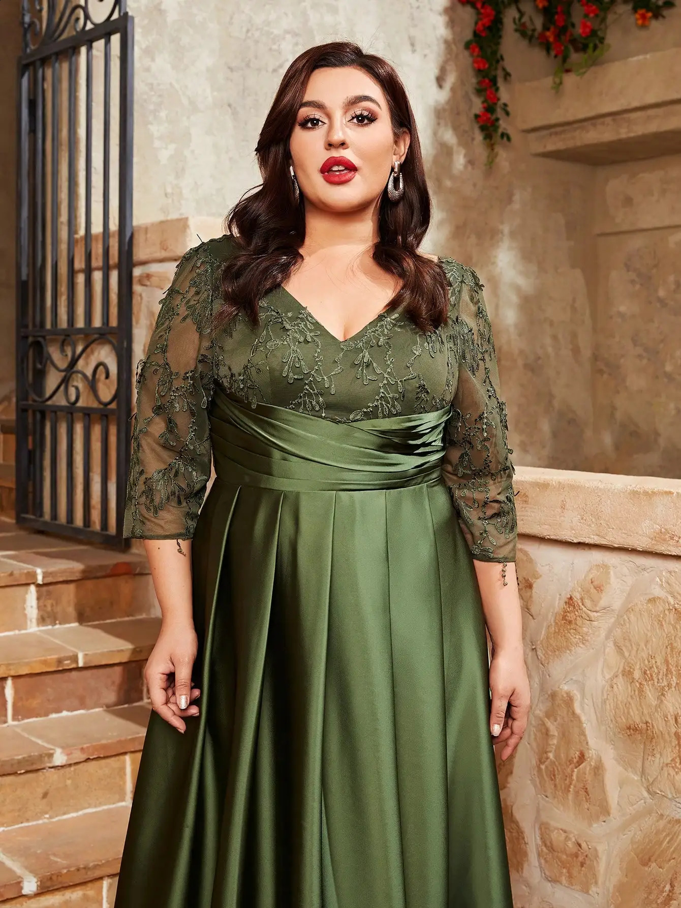 Mgiacy plus size Vneck lace embroidery Mosaic satin cloth handfolded long skirt Evening gown ball dress Party 250517