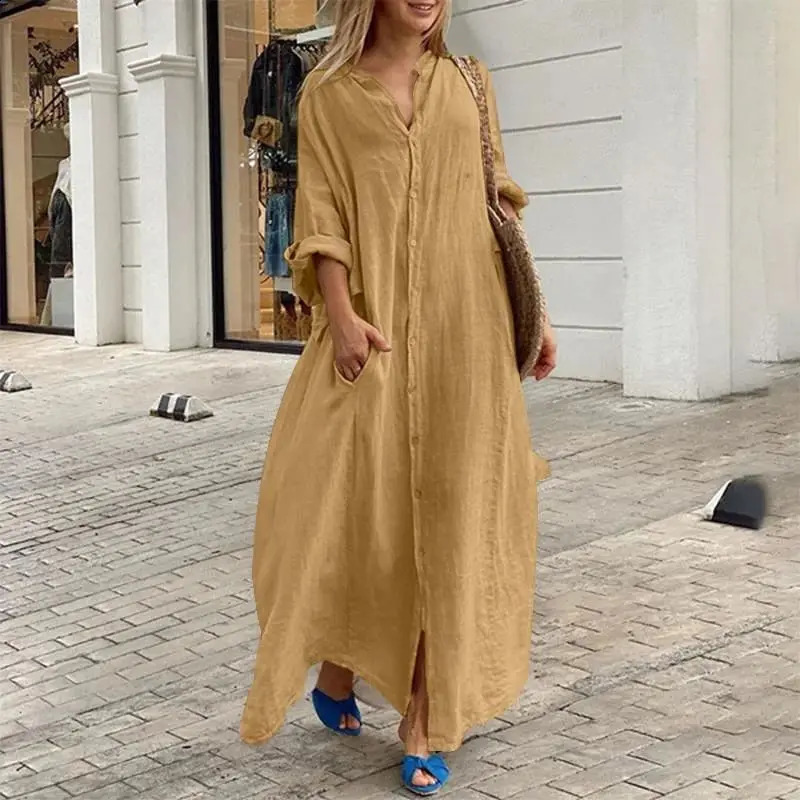Women Cotton Linen Comfortable Dresses Casual Solid Color Large Size Loose Dress Female Single-breasted Cardigan Gown 4 250517